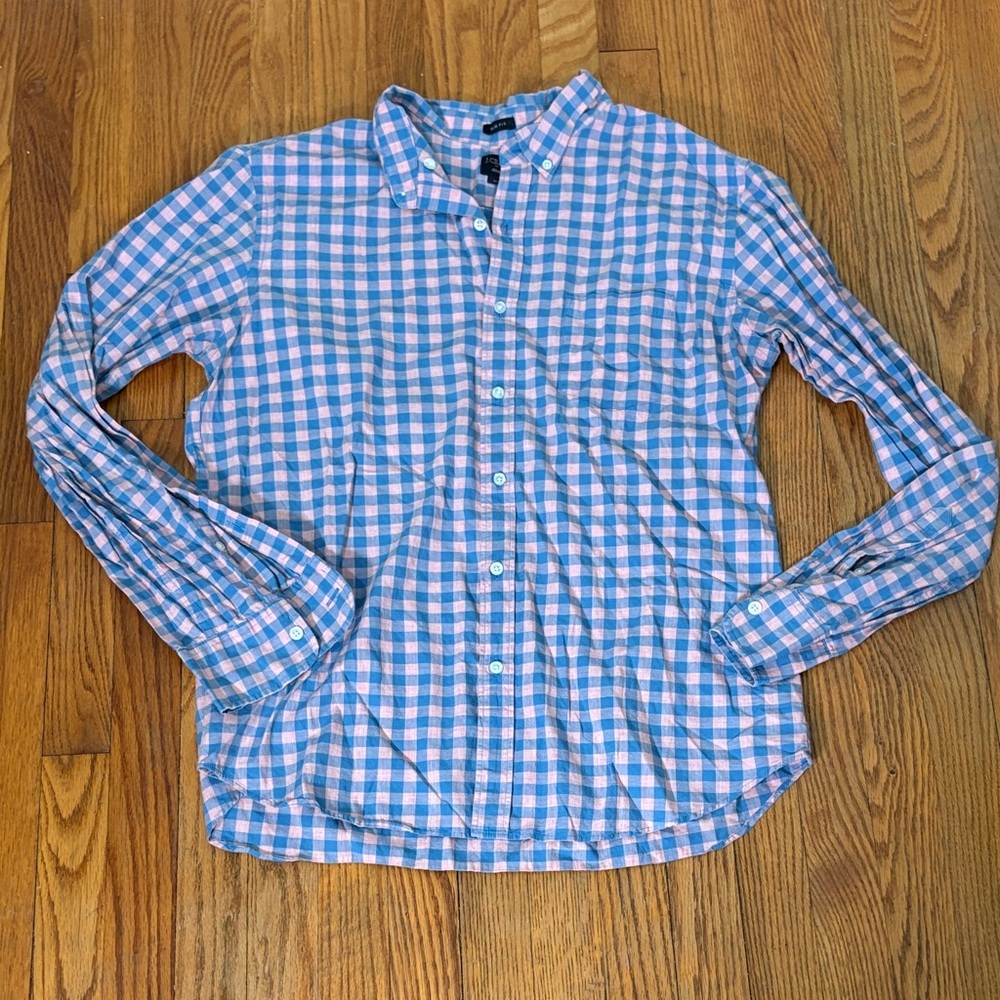 J. crew Factory Slim Fit Button Down Shirt Pink Blue Plaid ‎ Men’s XL preppy